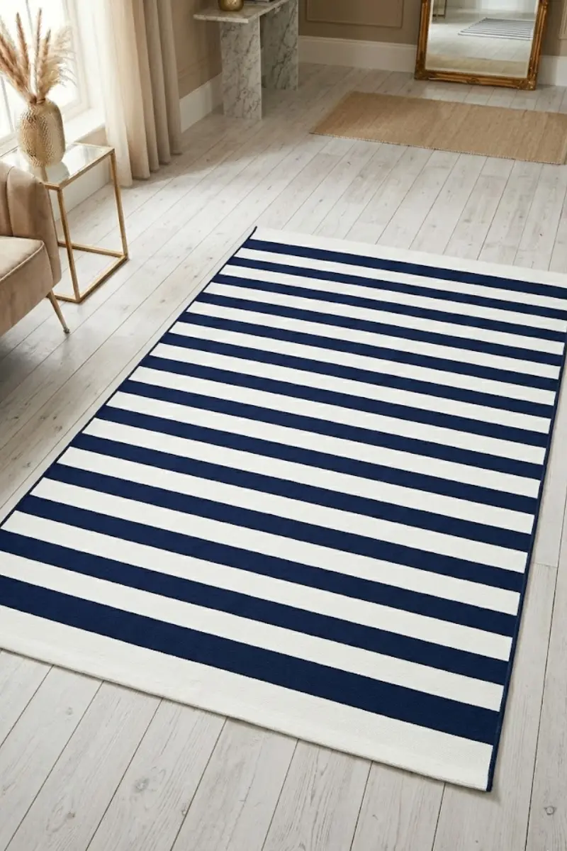 Navy Stripe Cotton Flatweave Rug