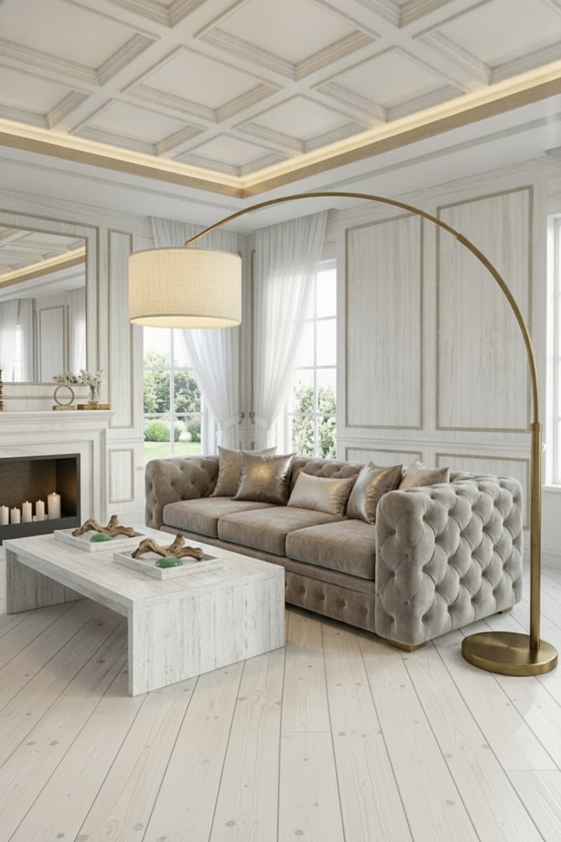 Oversized Brass Arc Floor Lamp styled in a room