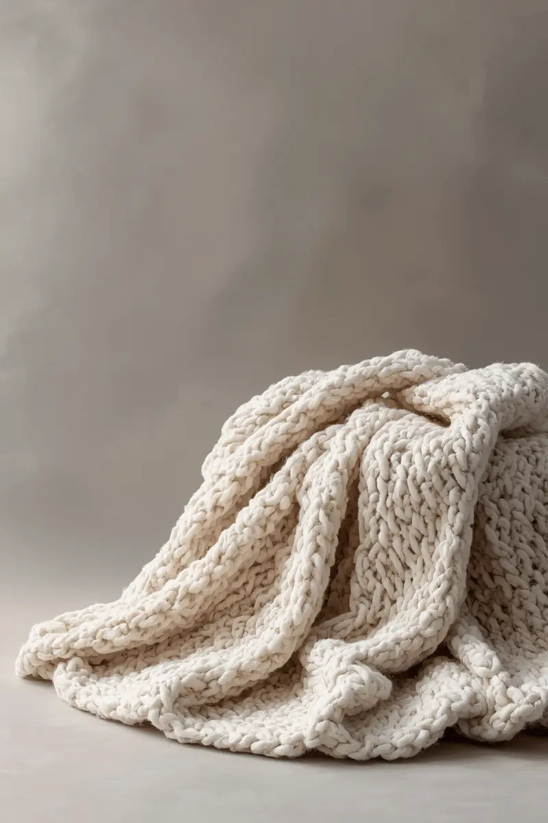 Luxury chunky knit throw blanket draped over sofa adding texture and warmth