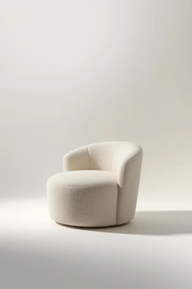 Mid-range boucle barrel accent chair as statement piece in a living room