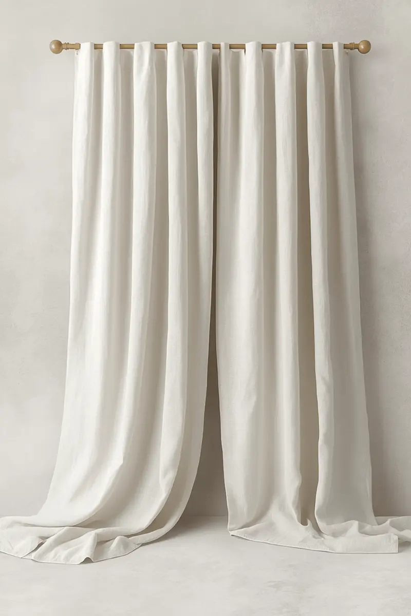 Budget floor-length linen curtain panels adding instant height and polish to a living room