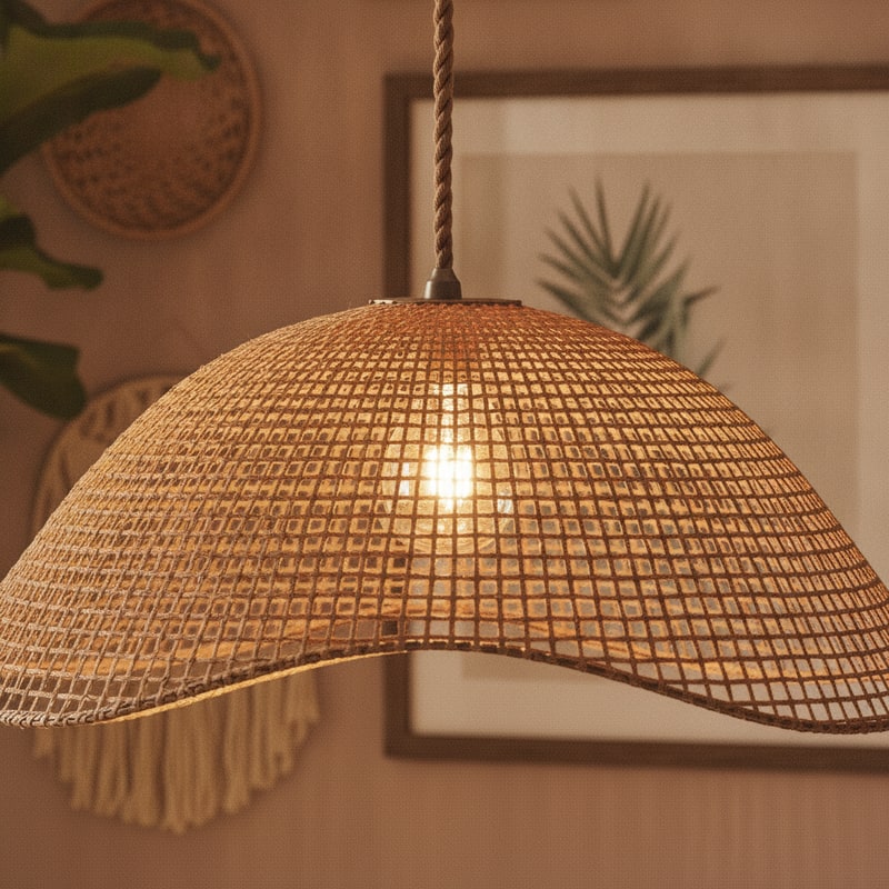 Rattan Dome Swag Pendant Light styled in a room
