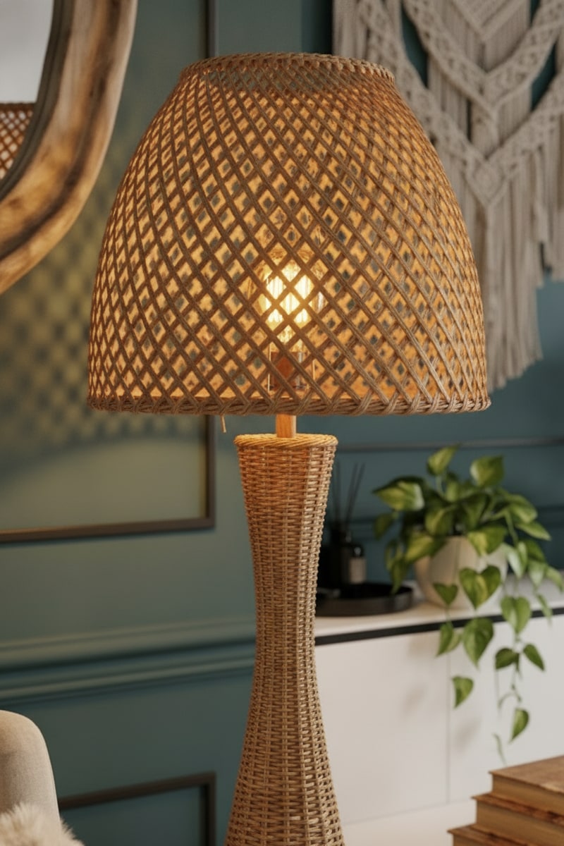 Rattan Wicker Floor Lamp styled in a room