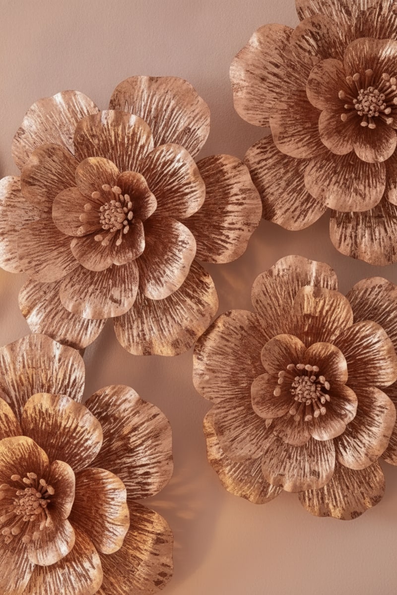 Rose Gold 3D Metal Flower Wall Panels styled in a room