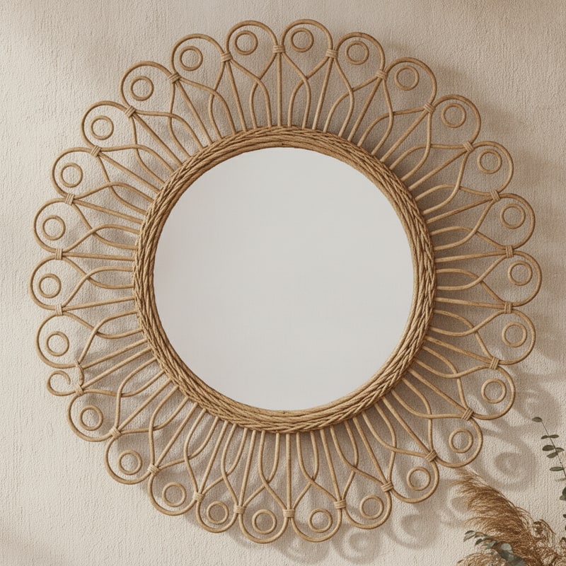 Round Rattan Bedroom Wall Mirror styled in a room