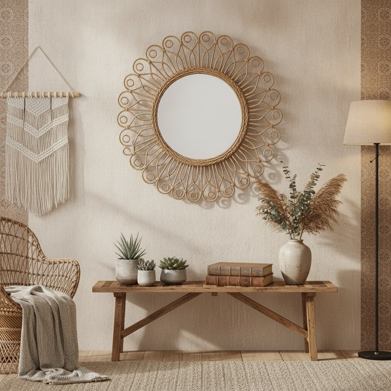 Round Rattan Bedroom Wall Mirror view 3
