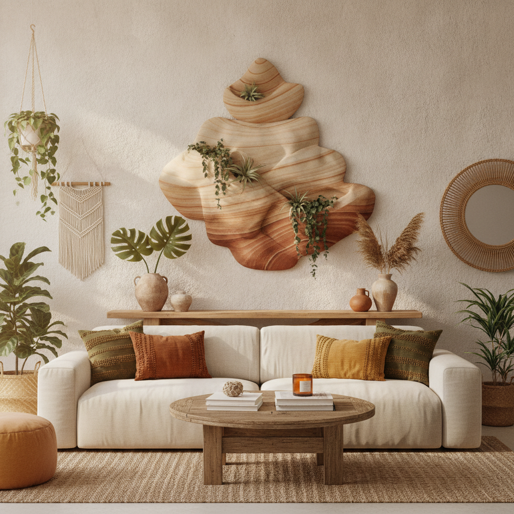 Sandstone Abstract Sculpture Wall Decor with Greenery