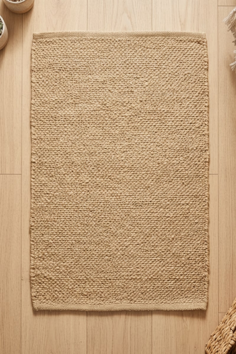 Small Natural Jute Woven Accent Rug styled in a room