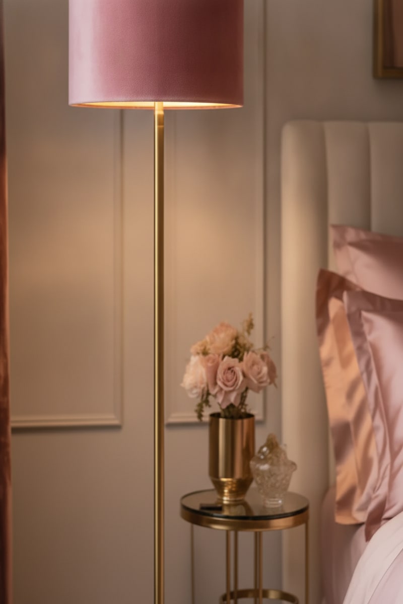 Velvet Shade Brass Floor Lamp styled in a room