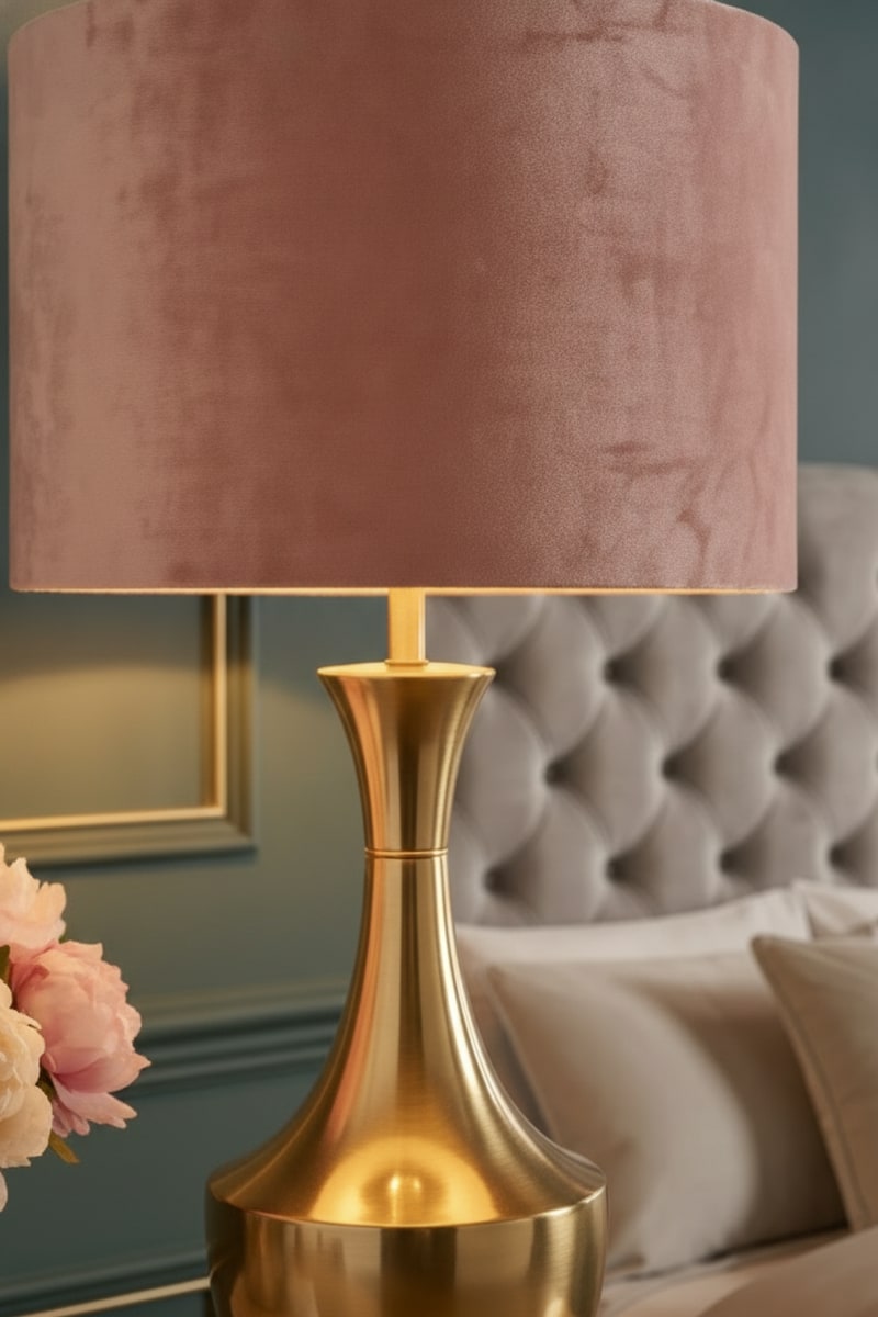 Velvet Shade Table Lamp with Gold Base styled in a room