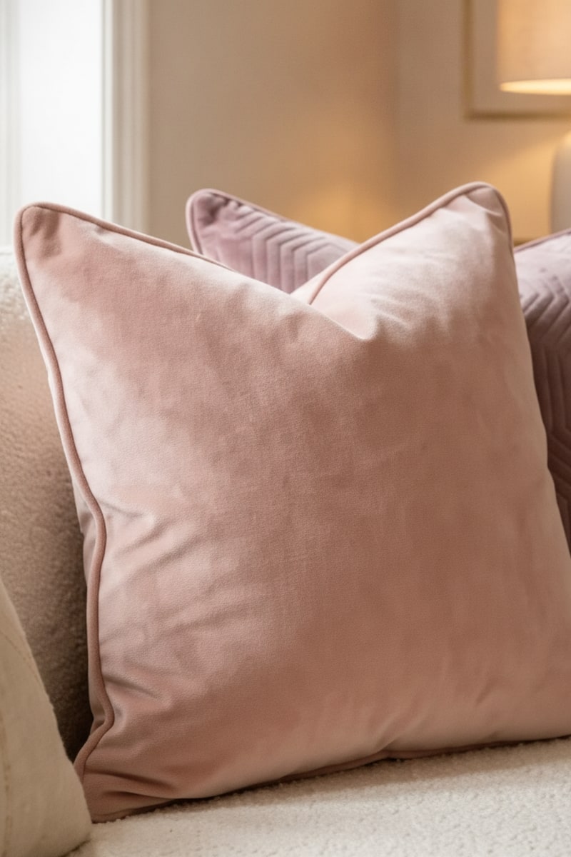 Blush Velvet Throw Pillow Set styled in a room