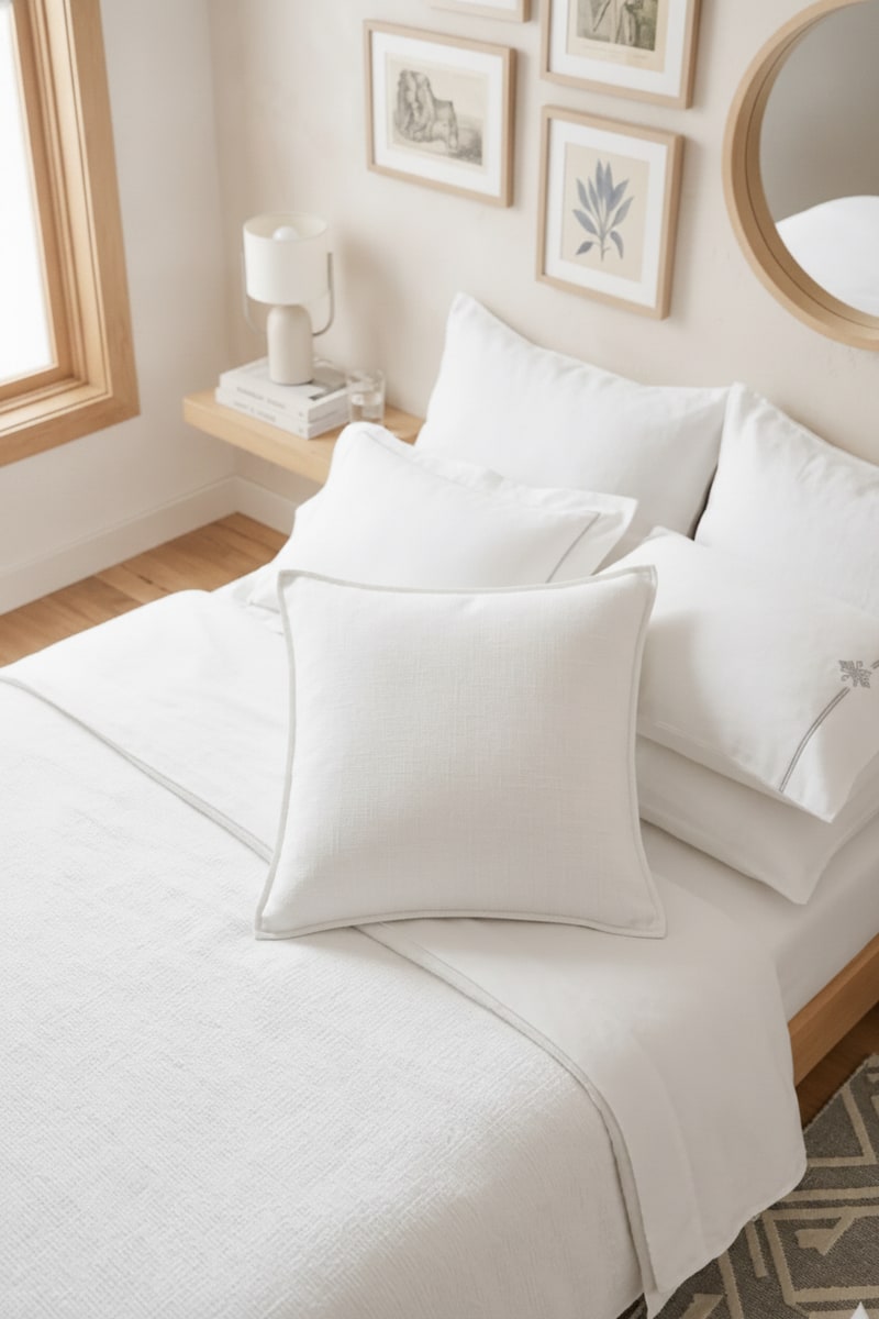 White Linen Minimalist Square Throw Pillow styled in a room