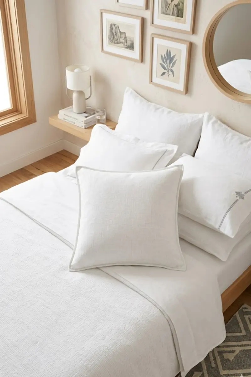 White Linen Minimalist Square Throw Pillow