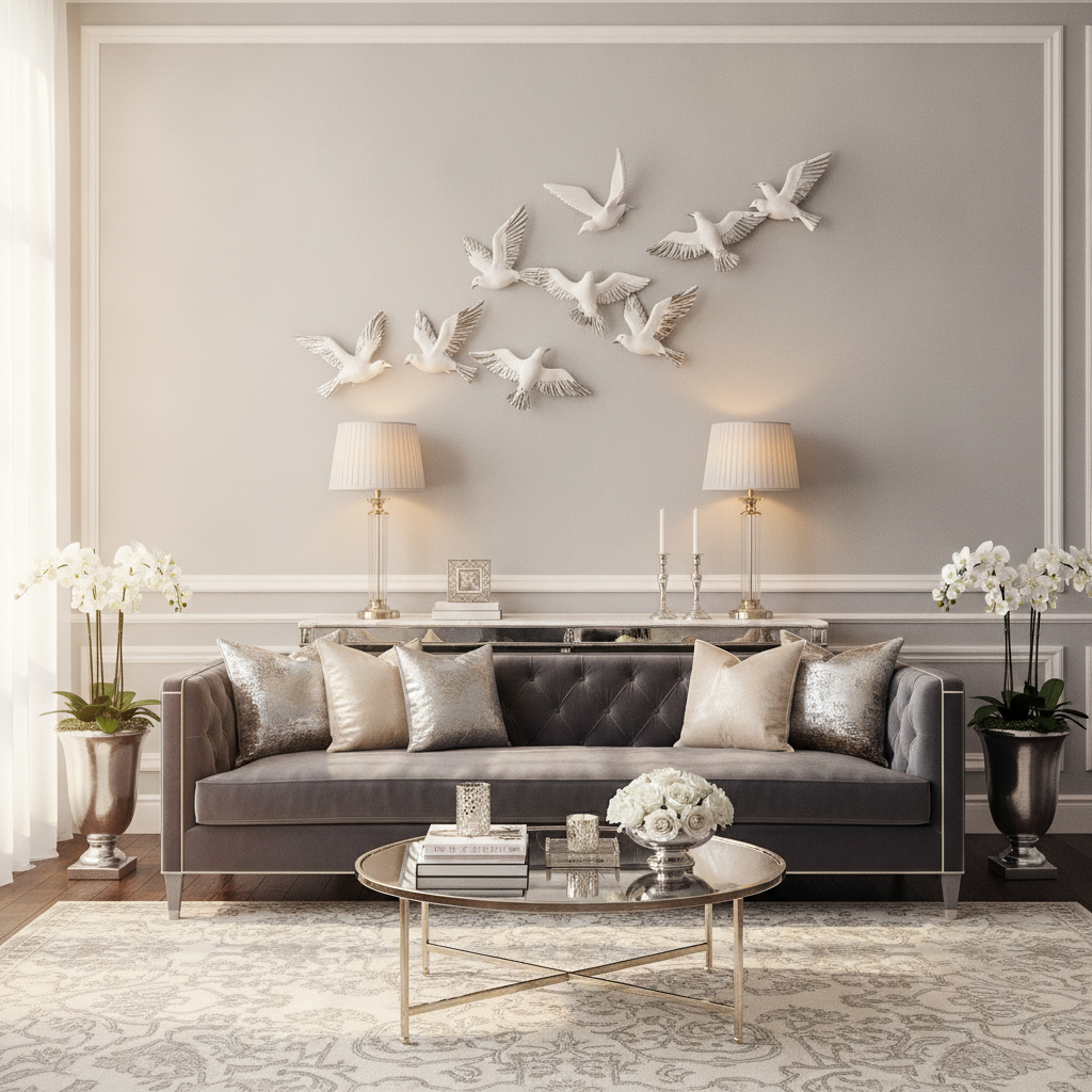 White & Silver Flocking Birds Wall Decor Set, 6 Piece