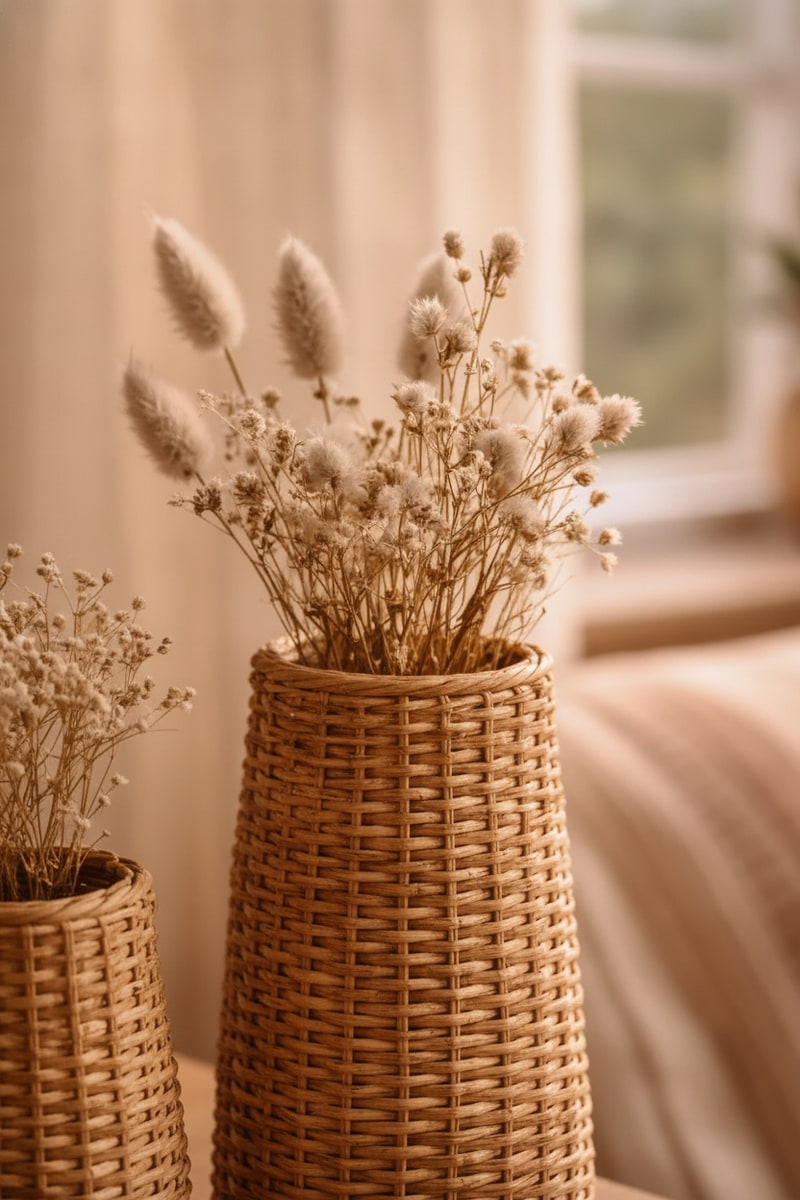 Woven Rattan Vase Cover Set of Three styled in a room