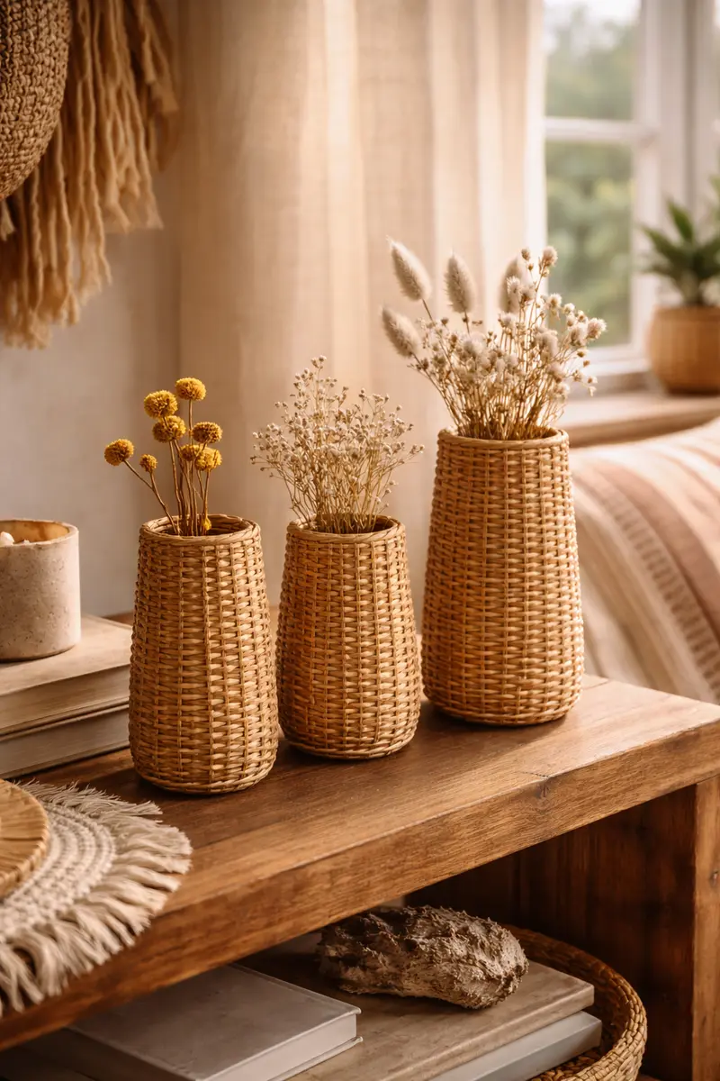 Woven Rattan Vase Cover Set of Three