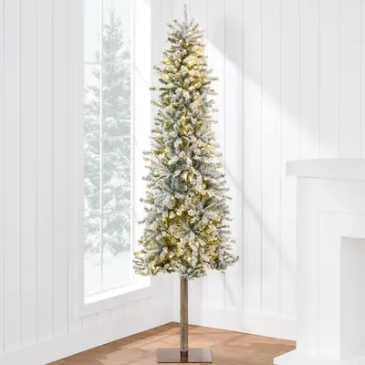 Pre-Lit Flocked Alpine Slim Pencil Christmas Tree view 1