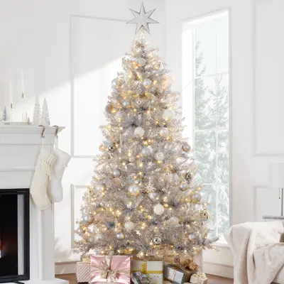 Pre-Lit Silver Tinsel Christmas Tree, Viral Twinkling Lights view 2