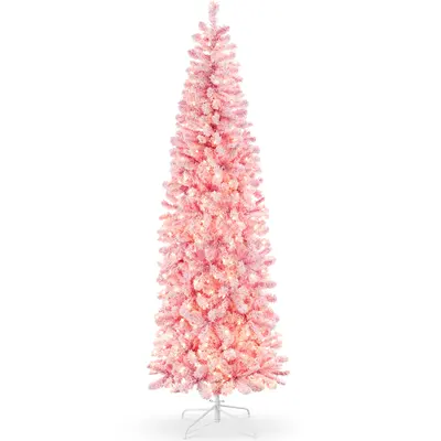 Pre-Lit Snow Flocked Pink Pencil Christmas Tree view 3