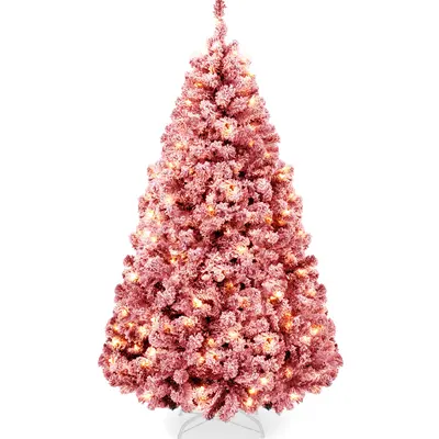 Pre-Lit Red Flocked Artificial Pine Christmas Tree view 2