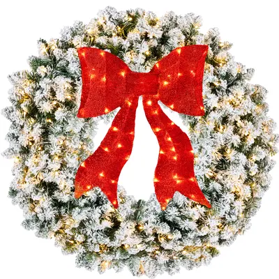 Pre-Lit Flocked Fir Wreath with Red Bow view 2