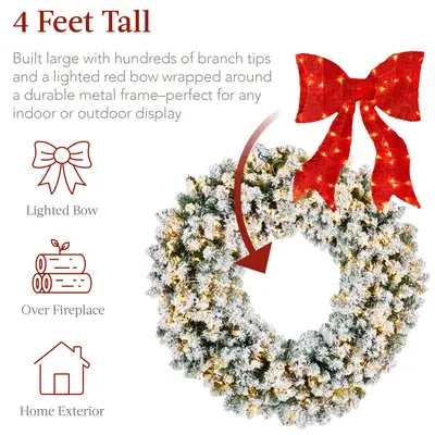 Pre-Lit Flocked Fir Wreath with Red Bow view 4