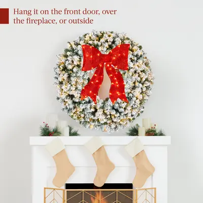 Pre-Lit Flocked Fir Wreath with Red Bow view 5