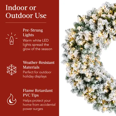 Pre-Lit Flocked Fir Wreath with Red Bow view 6