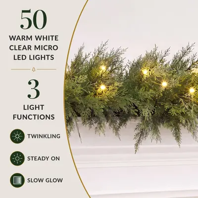 Realistic Cedar Cypress Garland with Twinkling Lights view 5