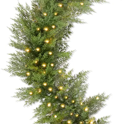 Realistic Cedar Cypress Garland with Twinkling Lights view 1