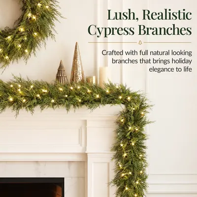 Realistic Cedar Cypress Garland with Twinkling Lights view 3
