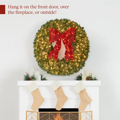 Pre-Lit Fir Wreath with Lit Red Bow view 4