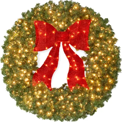 Pre-Lit Fir Wreath with Lit Red Bow view 1