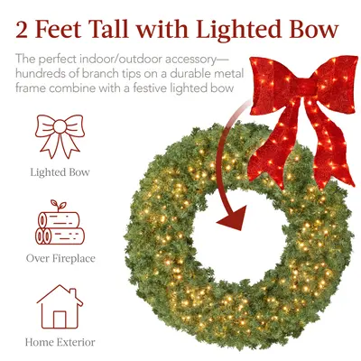 Pre-Lit Fir Wreath with Lit Red Bow view 3