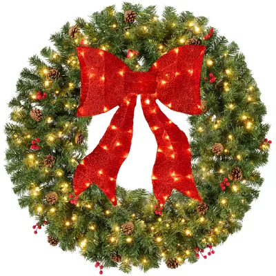 Pre-Lit Berry and Pinecone Wreath with Lit Red Bow view 1