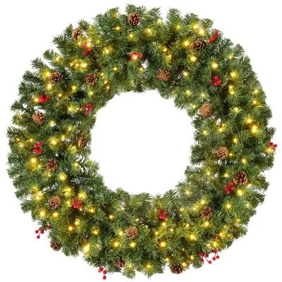 Pre-Lit Wreath with Berries and Pinecones view 2