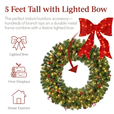 Pre-Lit Berry and Pinecone Wreath with Lit Red Bow view 5