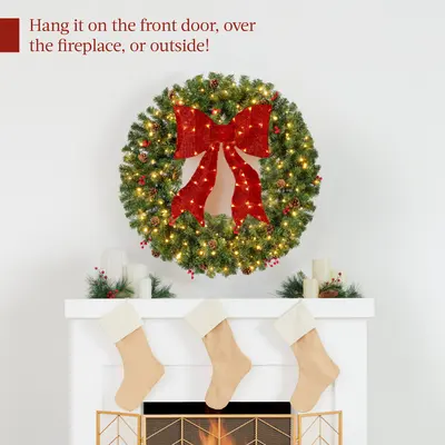 Pre-Lit Berry and Pinecone Wreath with Lit Red Bow view 6