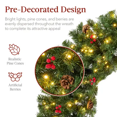 Pre-Lit Berry and Pinecone Wreath with Lit Red Bow view 3