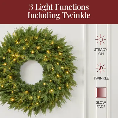 Realistic Cedar Cypress Wreath with Twinkling Lights view 5