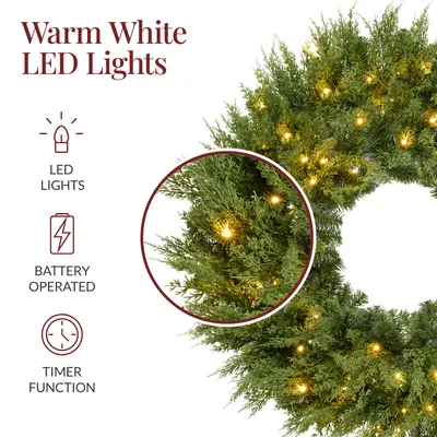 Realistic Cedar Cypress Wreath with Twinkling Lights view 6