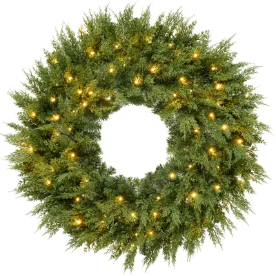 Realistic Cedar Cypress Wreath with Twinkling Lights view 2