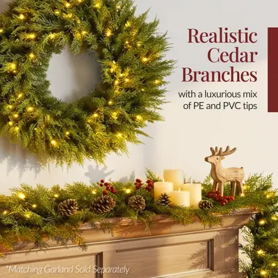 Realistic Cedar Cypress Wreath with Twinkling Lights view 4