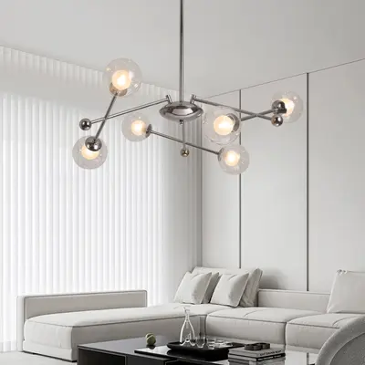 6-Light Silver Sputnik Warm Light Chandelier Clear Glass Globe Ceiling Light