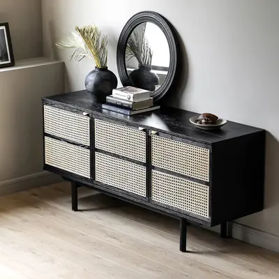63" Black Cane & Rattan Sideboard Buffet view 3