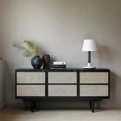 63" Black Cane & Rattan Sideboard Buffet view 2
