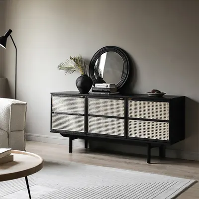 63" Black Cane & Rattan Sideboard Buffet view 2