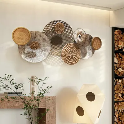 49.6" Japandi Round Woven Rattan Large Wall Decor Overlapping Wooden Art for Living Room