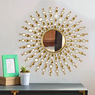 27.6" Glam Round Gold Metal Wall Mirror with Sun Shine Design Home Decor for Living Room