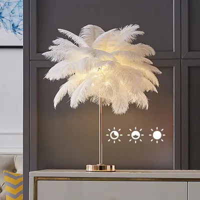 Loftus Art Deco Gold Portable Table Lamp with White Feather USB Charging & Dimmable